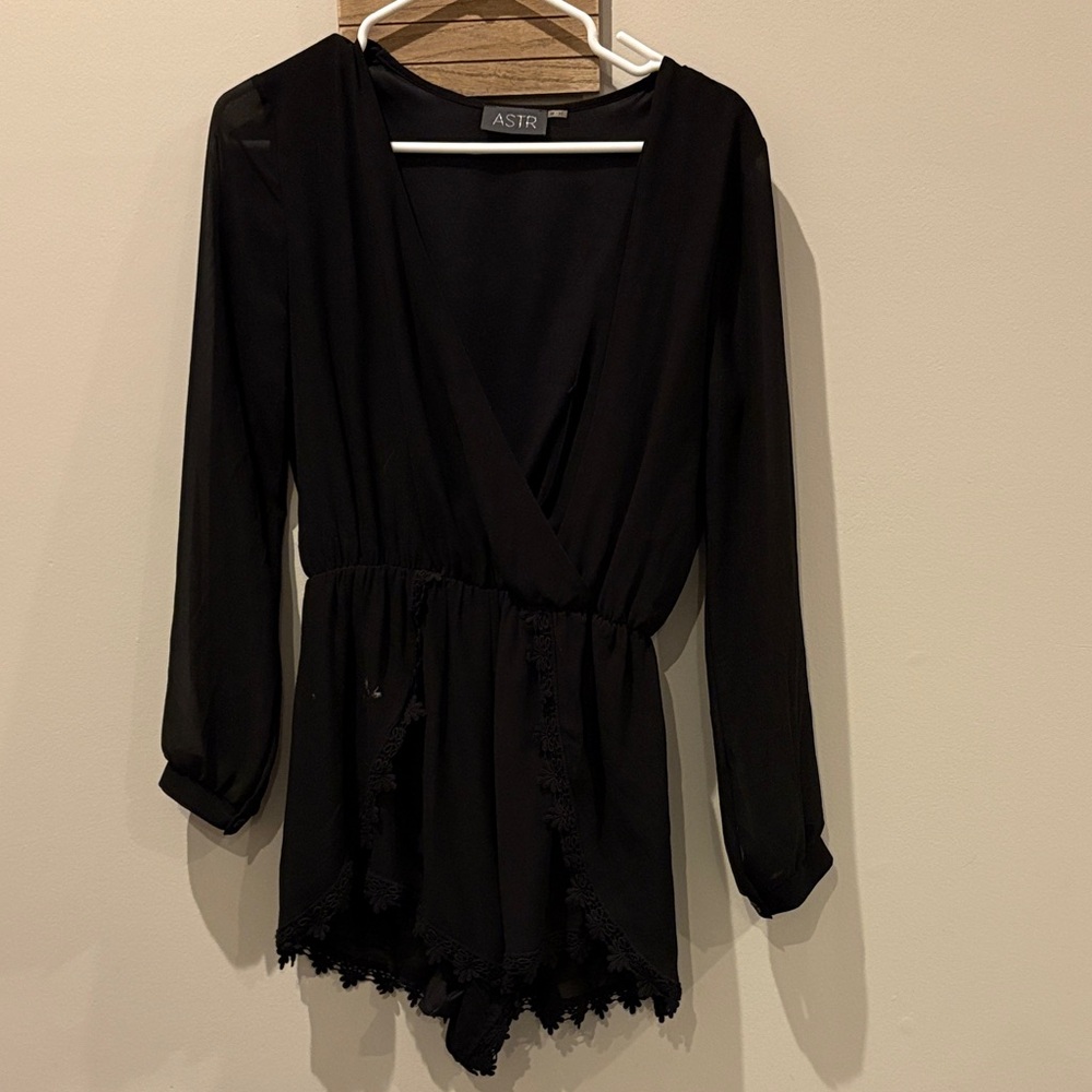 ASTR Black Long Sleeve Lace Trim Chemise